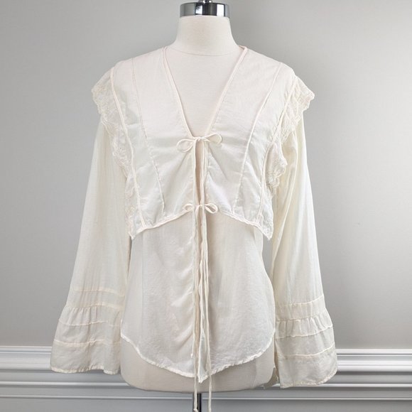 JOHNNY WAS Tie Front Overlay Collar Ruffle Top S - Picture 2 of 10